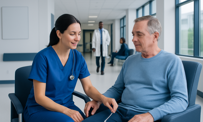 Nurse comforting a patient in a hospital corridor.