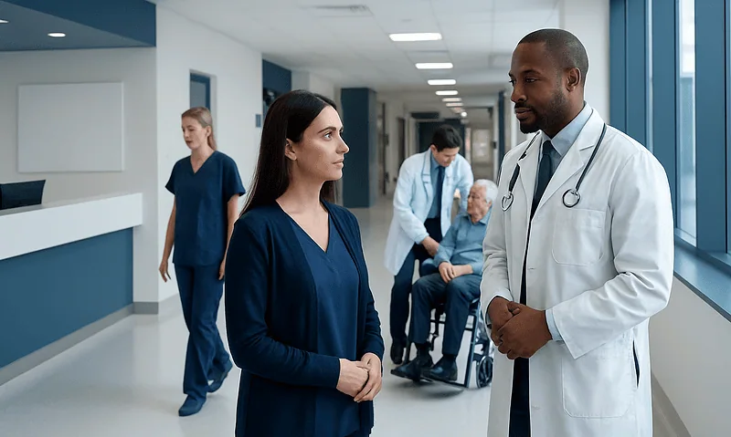 Medical team discussing patient care in hospital corridor.