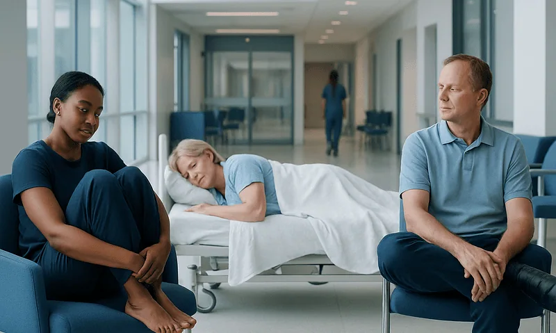 Patient in hospital corridor with visitors and medical staff in background.
