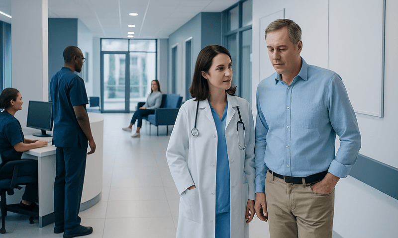 Doctor and patient discussing in a modern hospital corridor.