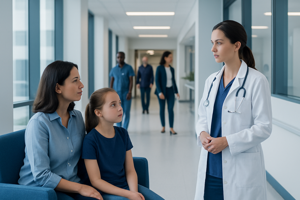 Precocious Puberty Treatment: How It Works, Results and What to Expect 1 Doctor consulting mother and daughter in hospital corridor.
