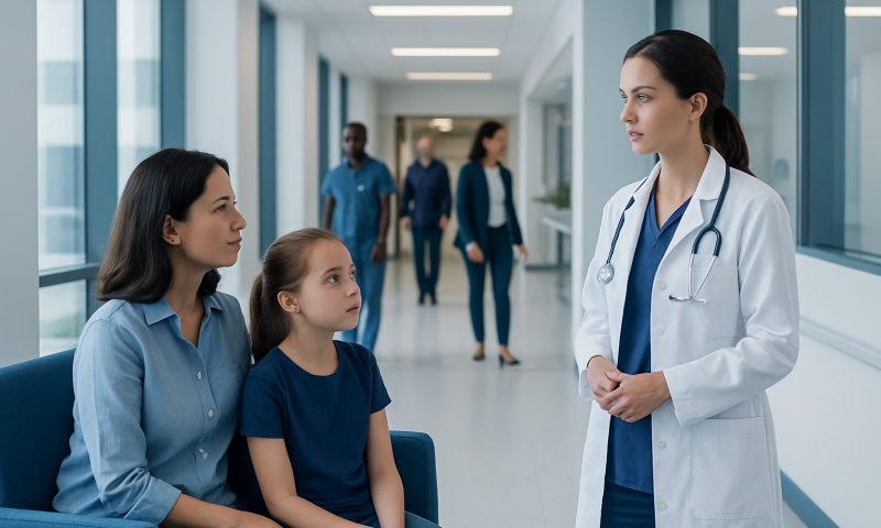 Precocious Puberty Treatment: How It Works, Results and What to Expect 4 Doctor consulting mother and daughter in hospital corridor.