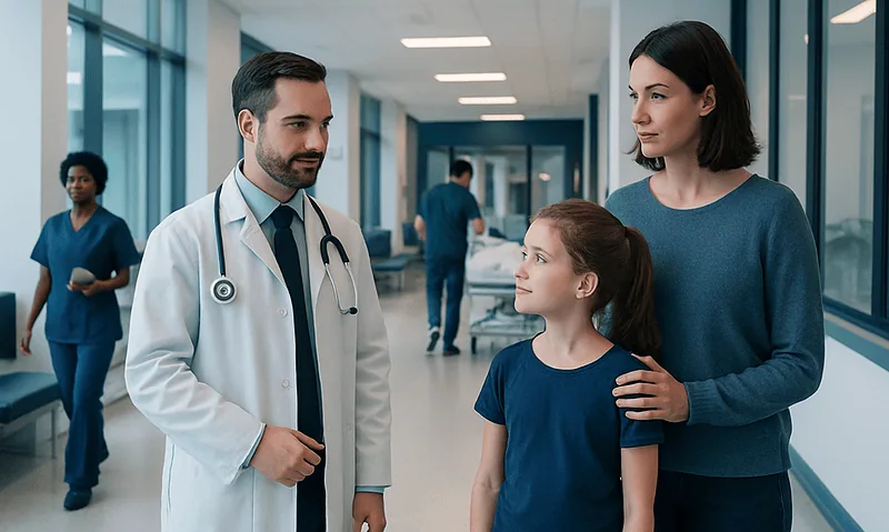 Doctor talking to mother and daughter in hospital corridor.
