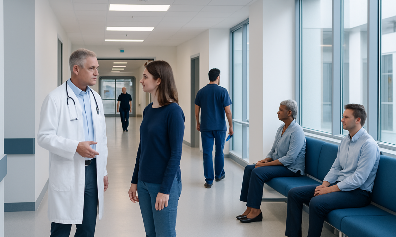 Doctor talking to a patient in a hospital corridor with other patients nearby.