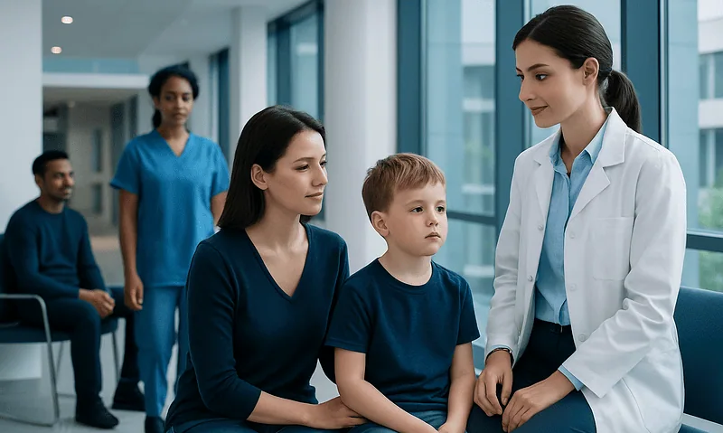 Doctor consulting a young boy in a hospital corridor with family and staff present.