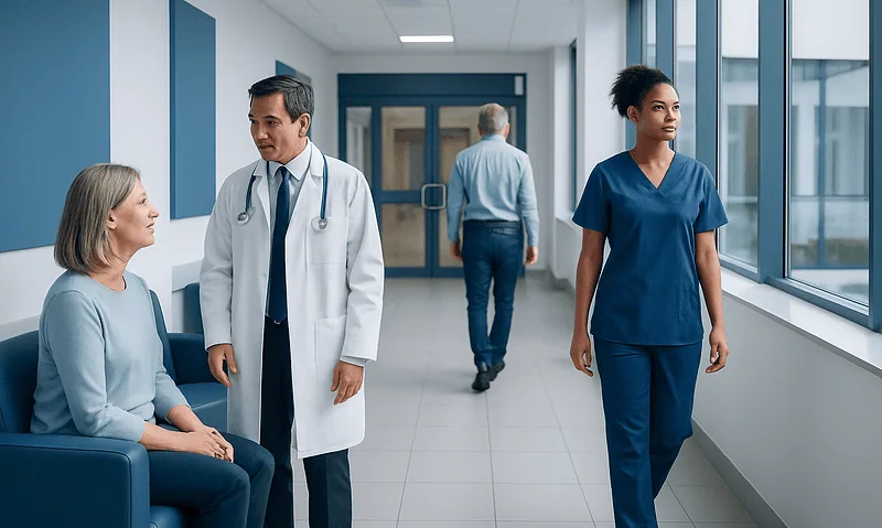 Medical staff and patient in hospital corridor at Acibadem Hospitals Group.