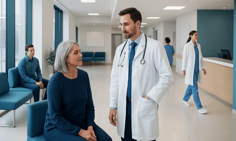 Doctor consulting with a female patient in a modern hospital lobby.