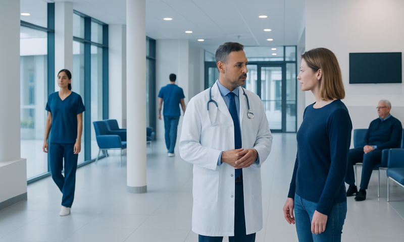 Doctor consulting with a patient in a modern hospital corridor.