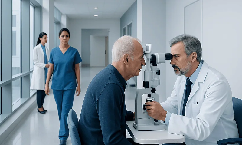 Ophthalmologist examines elderly patient's eye with slit lamp in clinic.