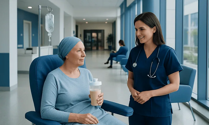 Hospital nurse talking to a patient with IV drip in a modern hospital corridor.