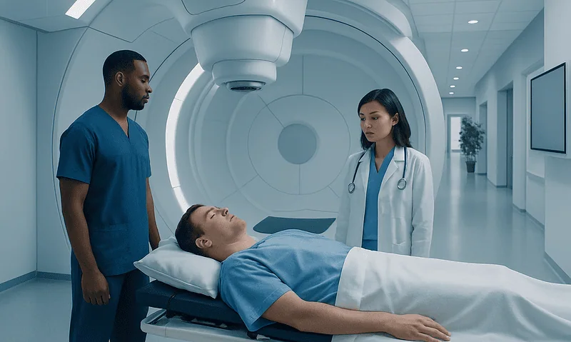 Proton Therapy for Esophageal Cancer: How It Works, Results and What to Expect 6 Medical team preparing patient for proton therapy treatment in a modern hospital.