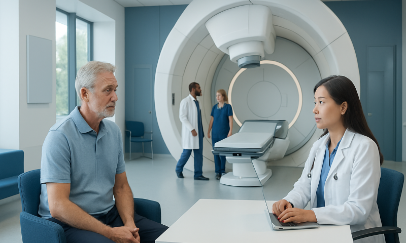 Patient consulting with a doctor before MRI scan at Acibadem Hospital.