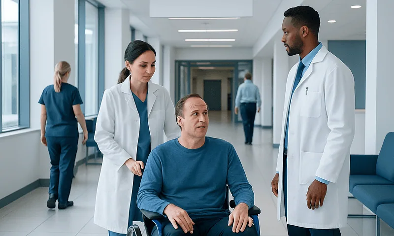 Hospital staff consulting a patient in a modern medical facility.