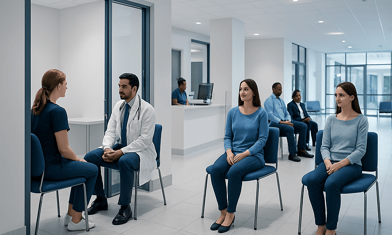 Patients waiting in a modern hospital corridor for consultation.
