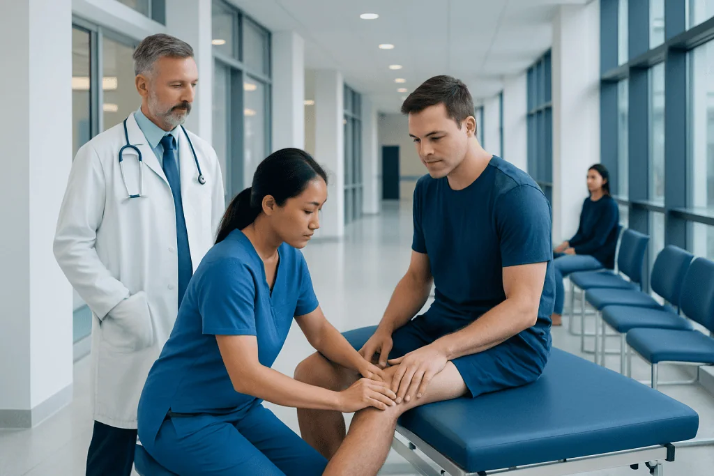 Quadriceps Muscle Strain Treatment: How It Works, Results and What to Expect 1 Doctor examining patient's knee in hospital corridor.