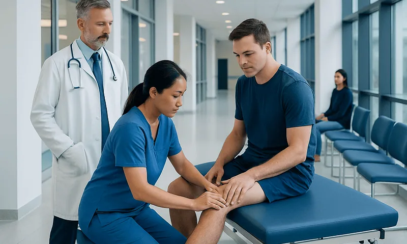 Doctor examining patient's knee in hospital corridor.