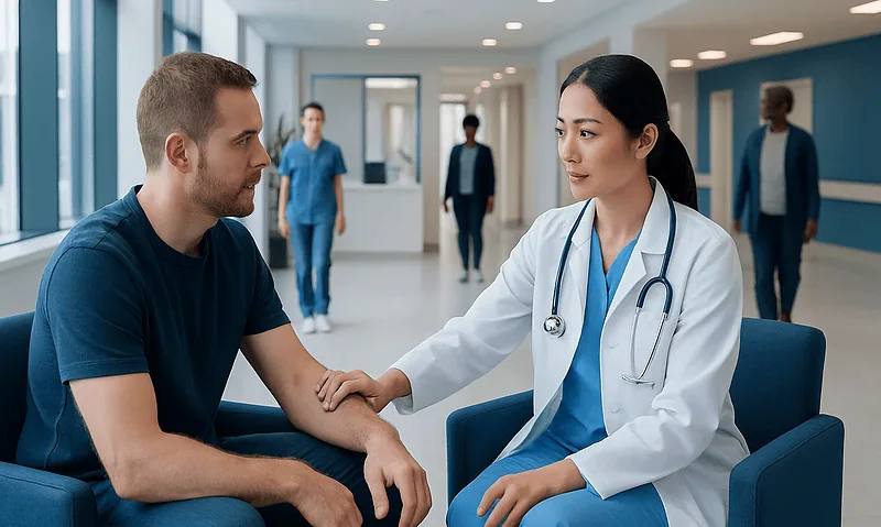 Radial Tunnel Syndrome Treatment: How It Works, Results and What to Expect 14 Doctor consulting patient in hospital corridor.
