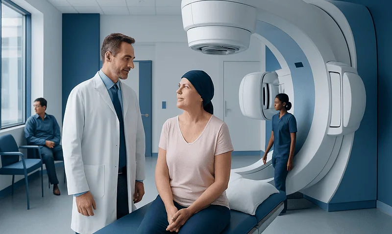 Patient and doctor discussing in a modern radiology room at Acibadem Hospitals.