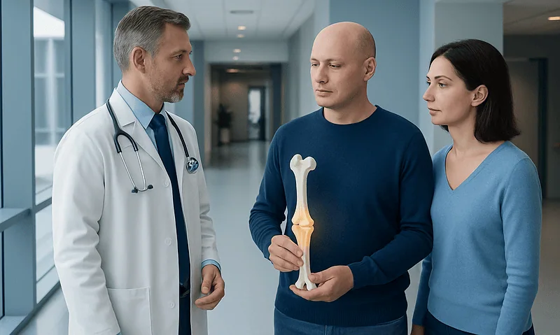 Doctor explaining bone health to a patient with a model of a femur.