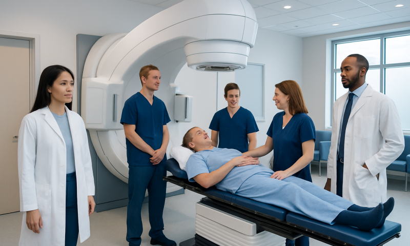 Medical team prepares patient for radiation therapy at hospital.