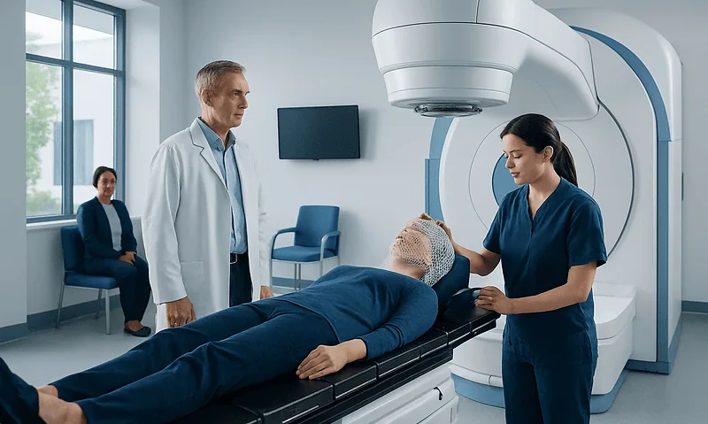 Patient undergoing brain MRI scan at Acibadem Hospital with medical staff present.