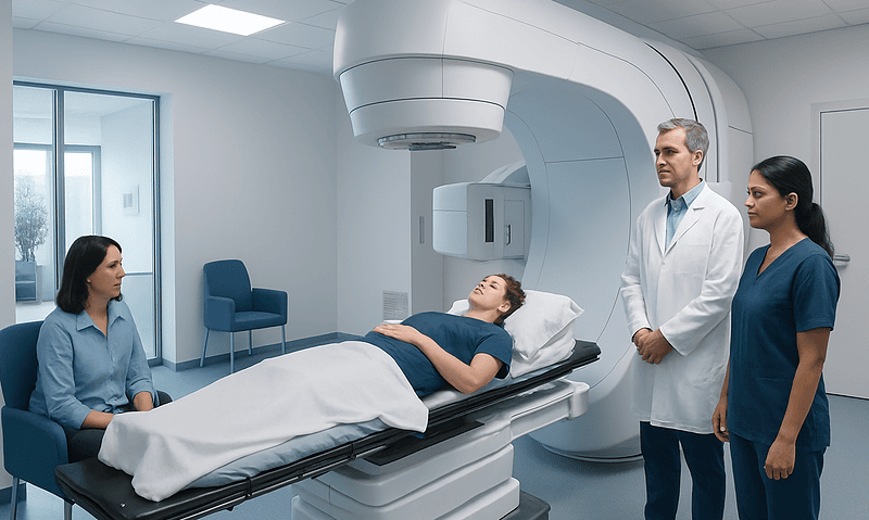 Patient undergoing radiation therapy in a modern hospital setting.