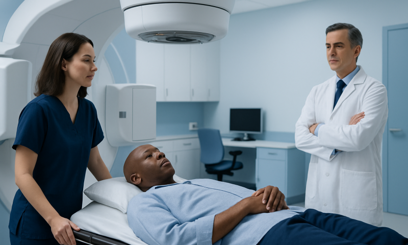 Medical team prepares patient for radiation therapy in a hospital room.