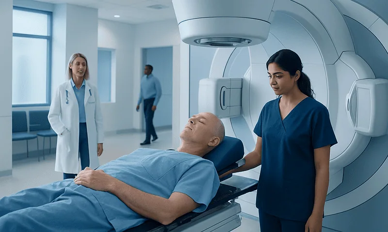Patient undergoing radiation therapy in a modern hospital setting.