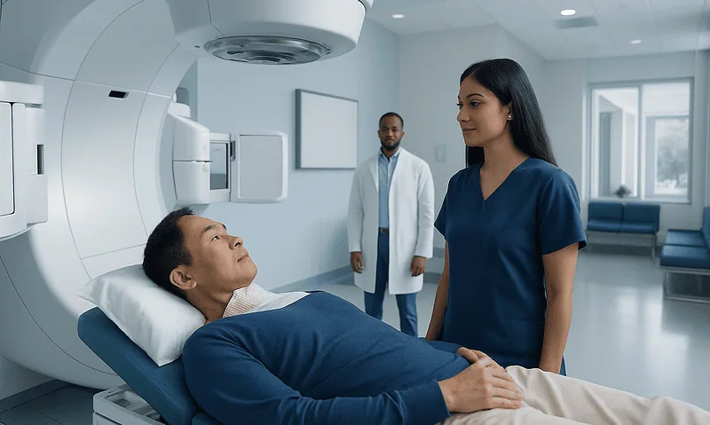 Patient undergoing radiation therapy at Acibadem Hospital.