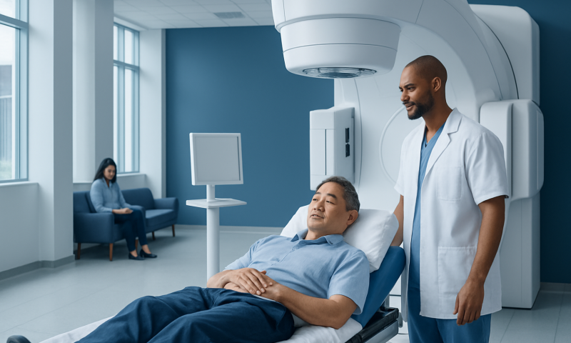 Patient undergoing radiation therapy in a modern hospital setting.