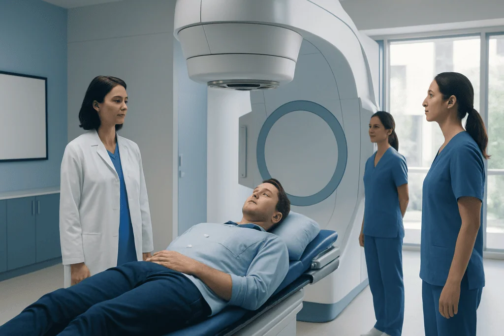 Radiotherapy for Pituitary Tumours: How It Works, Results and What to Expect 1 Patient undergoing MRI scan at Acibadem Hospital with medical staff present.