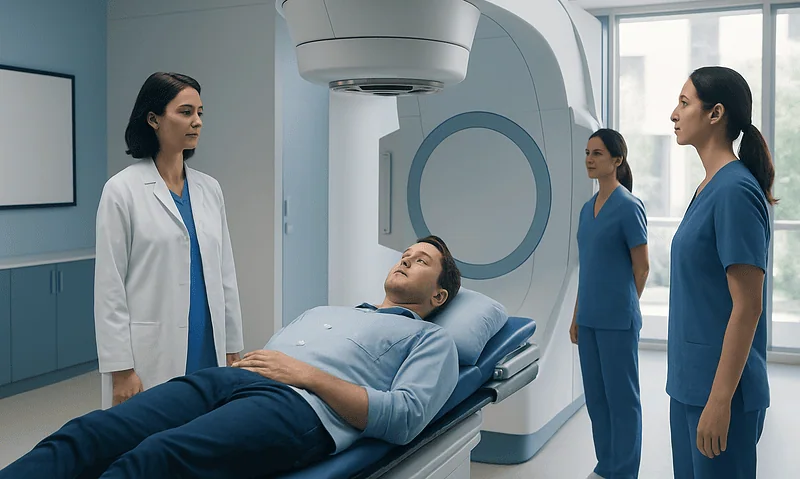 Radiotherapy for Pituitary Tumours: How It Works, Results and What to Expect 2 Patient undergoing MRI scan at Acibadem Hospital with medical staff present.