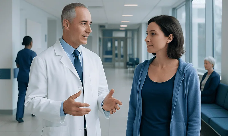 Doctor talking to a patient in a hospital corridor.