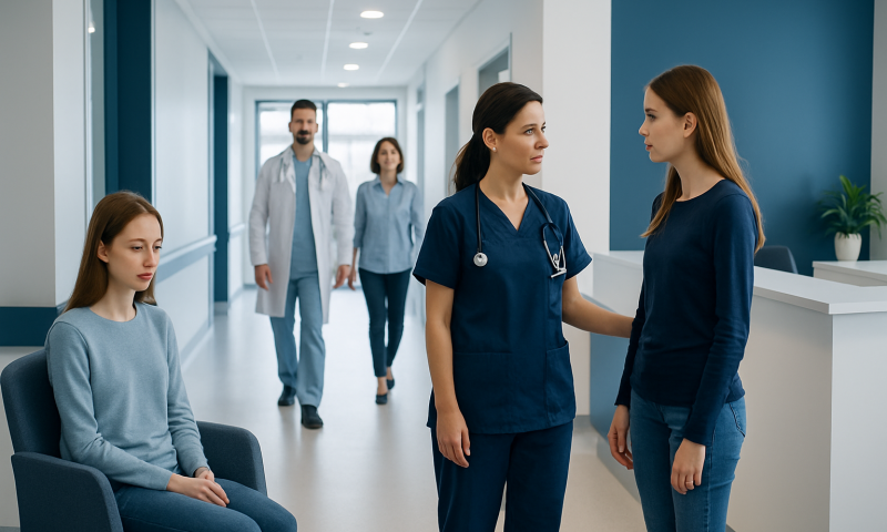 Healthcare professionals discussing patient care in hospital corridor.