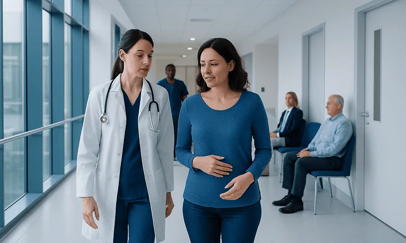 Doctor and patient walking in hospital corridor at Acibadem Hospitals Group.