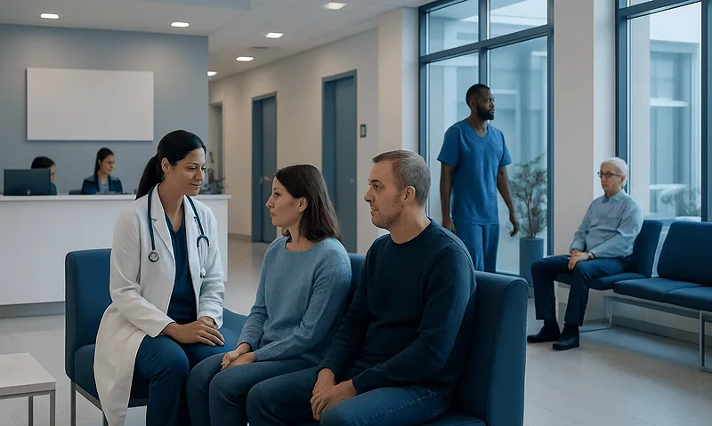 Doctor consulting with patients in a modern hospital waiting area.