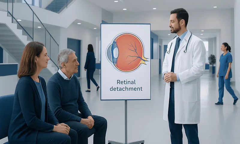 Doctor explaining retinal detachment to patients in a hospital setting.