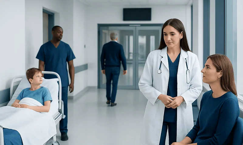 Reye's Syndrome Treatment: How It Works, Results and What to Expect 3 Hospital staff consulting with a young patient in a modern medical facility.