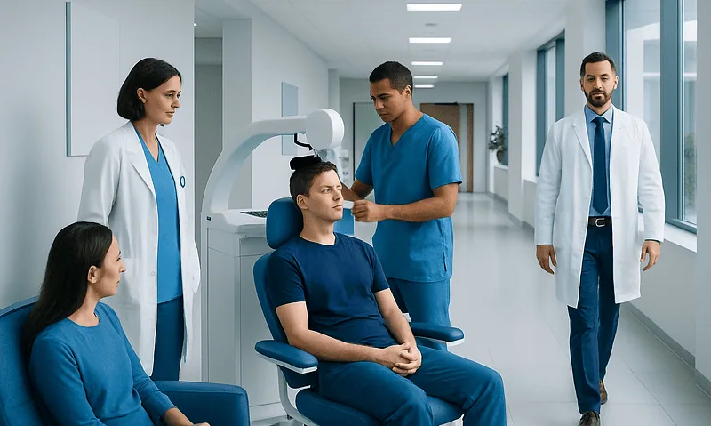 Rms Treatment: How It Works, Results and What to Expect 9 Medical team performing RMs treatment on patient in hospital corridor.