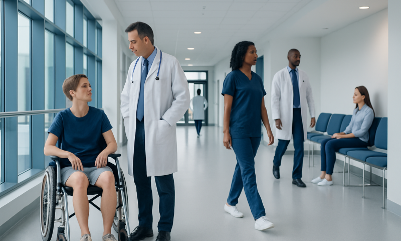 Medical team consulting with a patient in a hospital corridor.