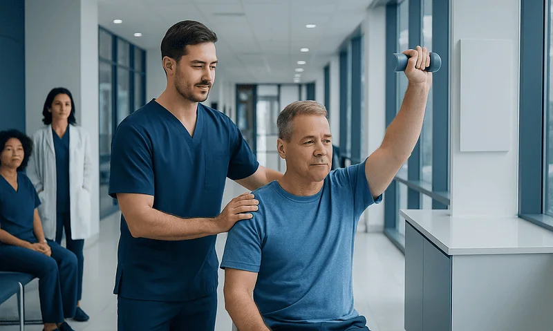 Physical therapy session for rotator cuff rehabilitation at Acibadem Hospital.