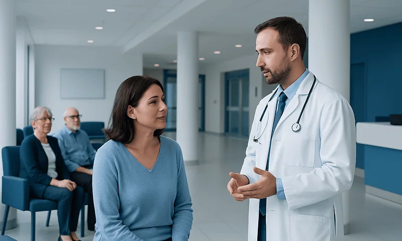 Doctor consulting a patient in a hospital waiting area.