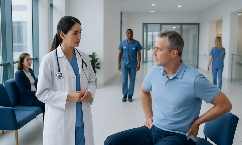 Doctor consulting patient about sciatic nerve pain treatment in hospital.