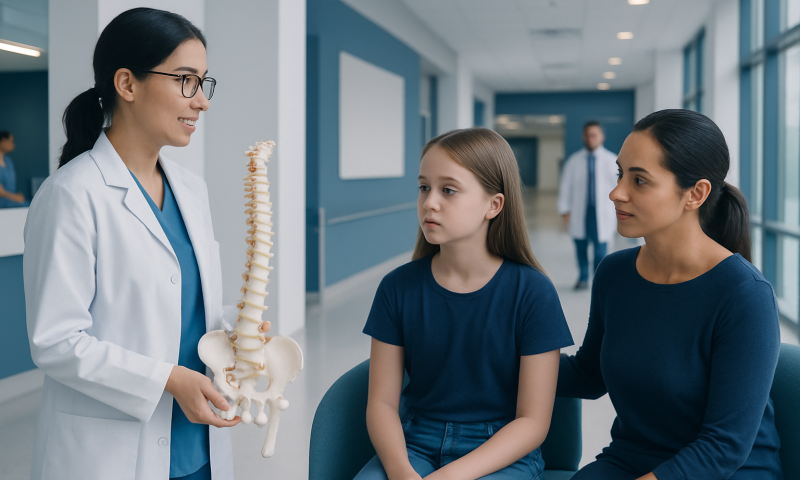 Pediatric spine consultation at Acibadem Hospital with doctor and young patient.