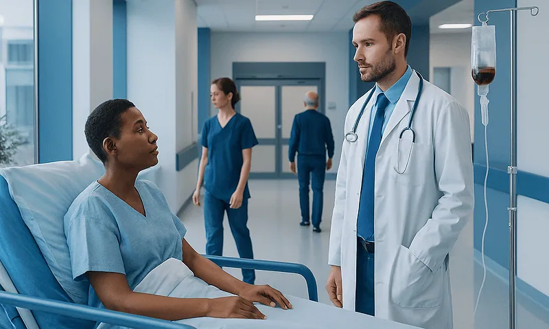 Doctor consulting a patient in a hospital room with IV drip and medical staff in background.
