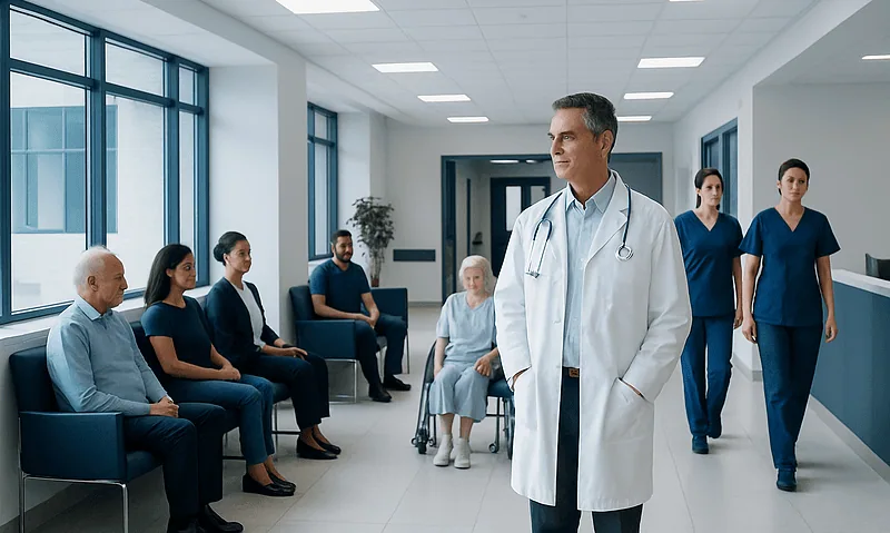 Doctor with patients in hospital corridor at Acibadem Hospitals Group.