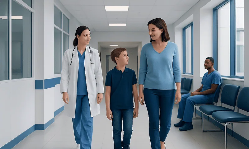 Sever's Disease Treatment: How It Works, Results and What to Expect 13 Doctor and mother walking with child in hospital corridor.