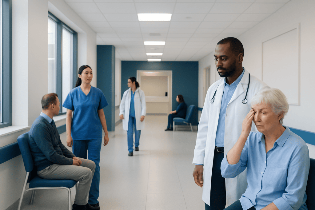 Shingles and Eyes Treatment: How It Works, Results and What to Expect 1 Medical team consulting with elderly patient in hospital corridor.