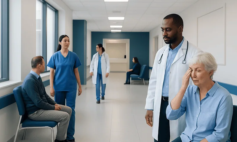 Medical team consulting with elderly patient in hospital corridor.