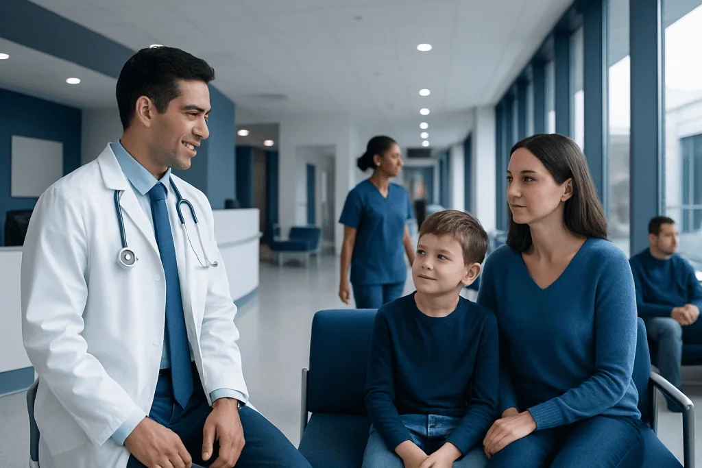 Schwamman Diamond Syndrome Treatment: How It Works, Results and What to Expect 1 Doctor talking to a mother and son in a hospital waiting area.